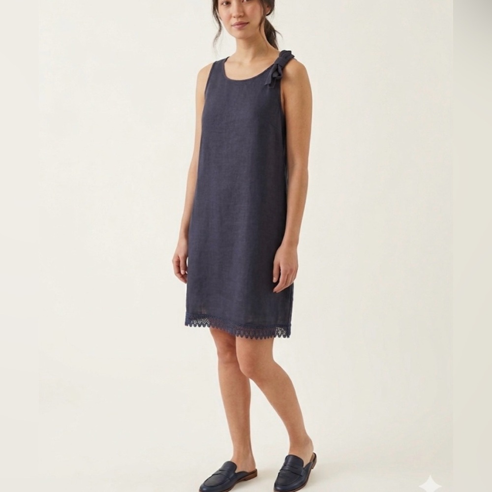 Bella Umbra Linen Dress Blue Shift Lace Trim Made in Italy Sundress